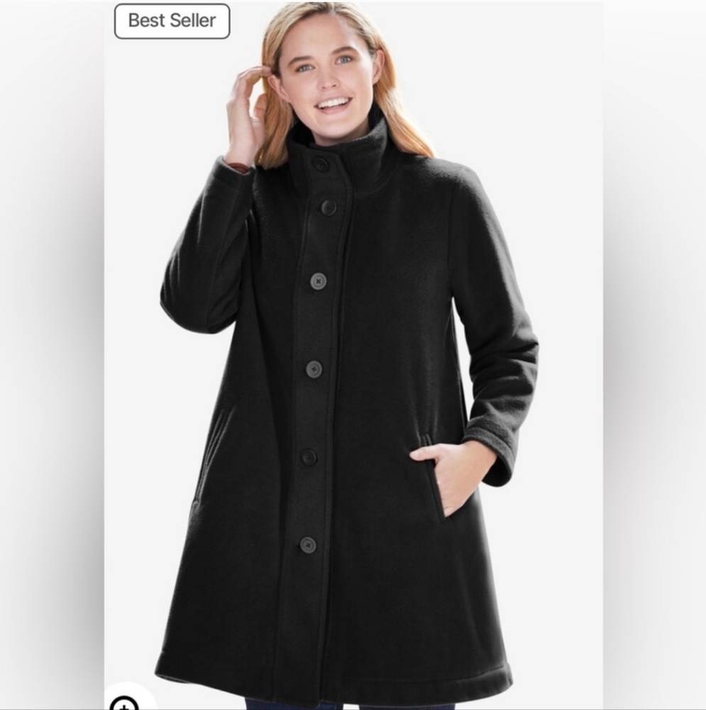 Woman Within Black Fleece Swing Funnel Neck Coat Plus Size 24